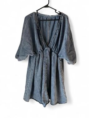 SHEIN Curve Denim Look Babydoll Dress Deep V Tie Front Size 0XL